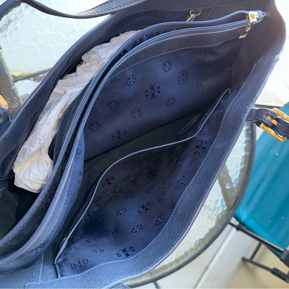 Tory Burch Womens Dark Blue Saffiano Leather Inner Pocket Double Handle Tote Bag - Picture 10 of 11